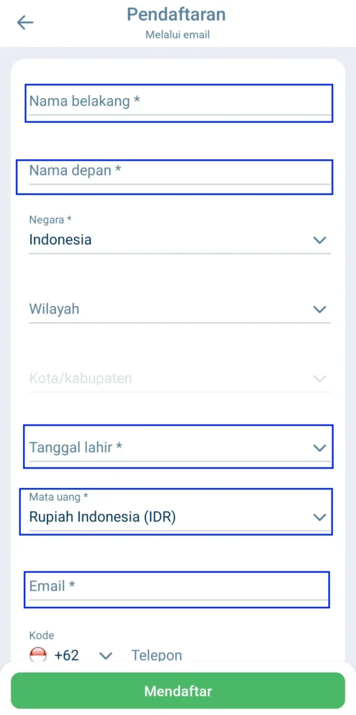 Registrasi Email di aplikasi 1xBet