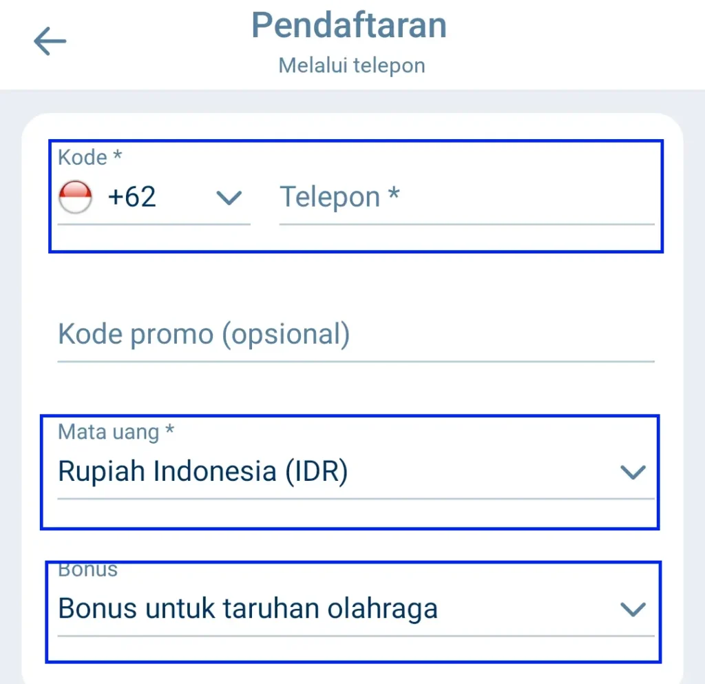 Registrasi dengan Nomor Telepon di app 1xBet
